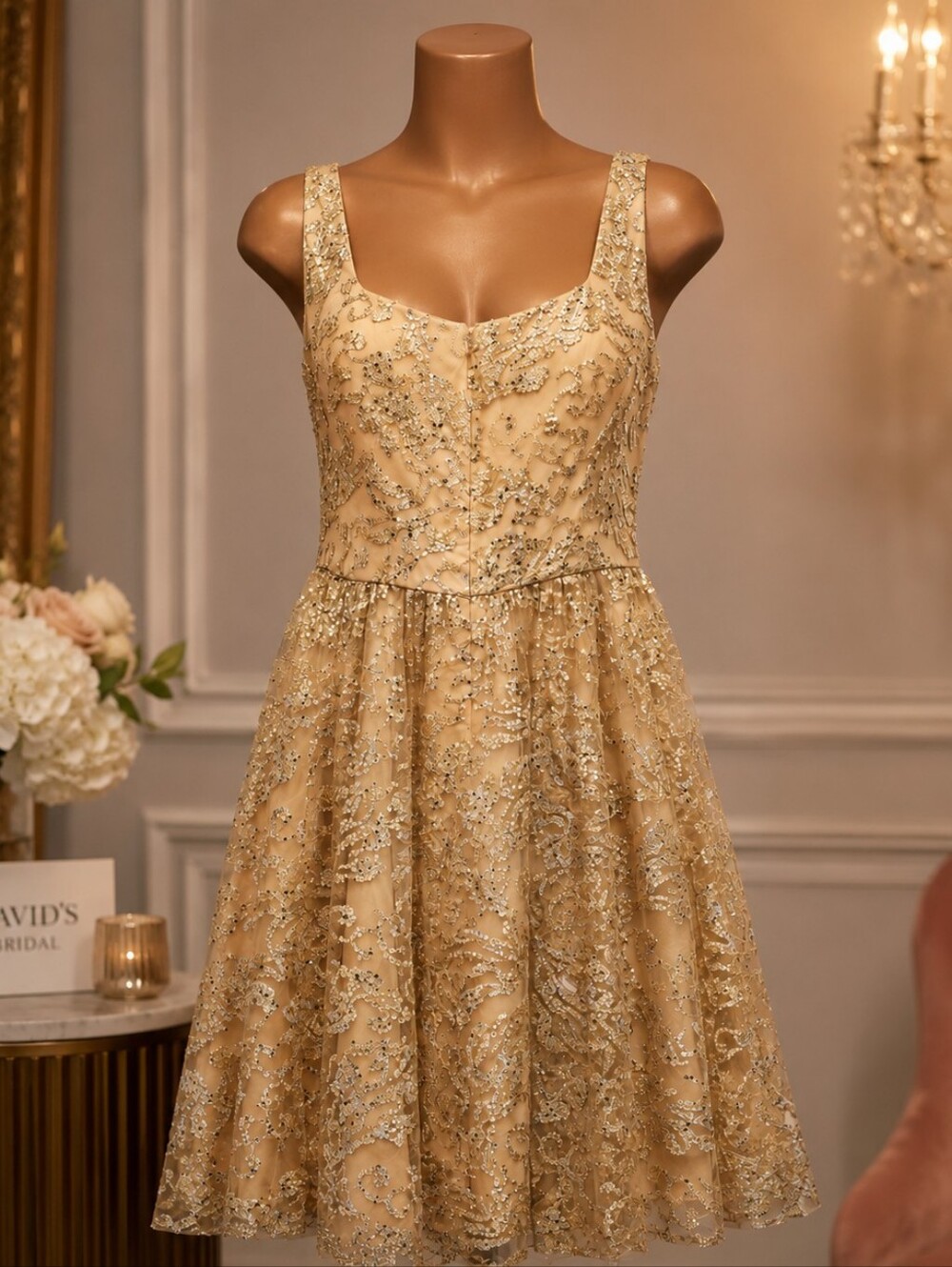 David's Bridal Gold Sequin Cowl Neck Cocktail Dress